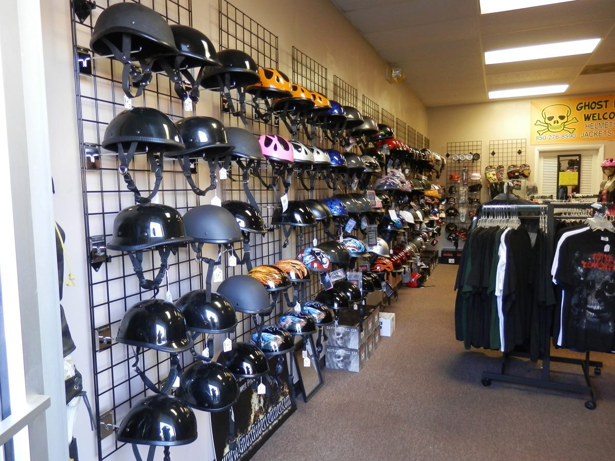 Biker motorcycle helmets display at Ghost Rider Leather retail store